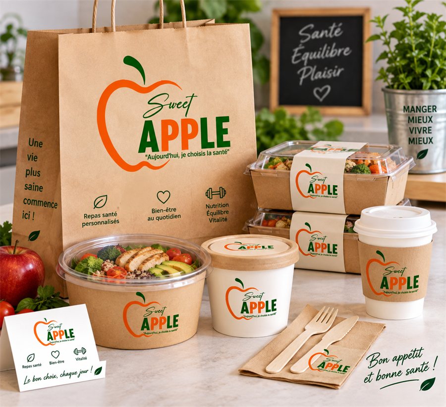Gamme d'emballages Sweet Apple : sac, bols, contenants et gobelet